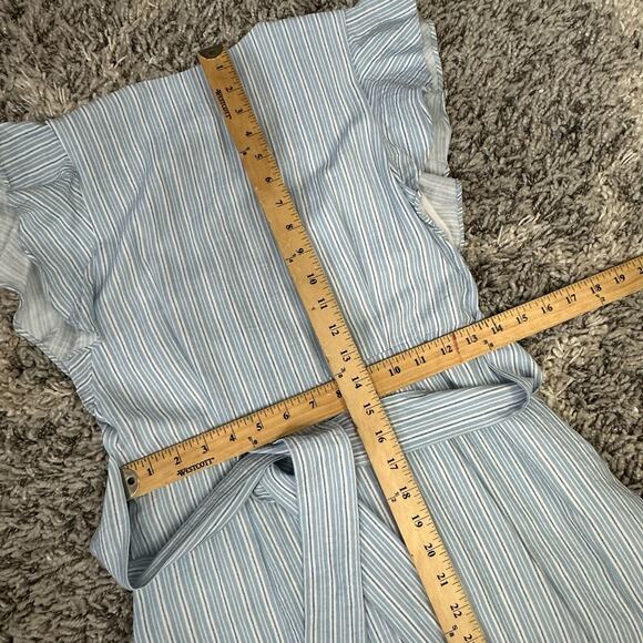 Storee Blue White Stripe Button Front Tie Waist Plunging Midi Flutter Dress S - Picture 10 of 11